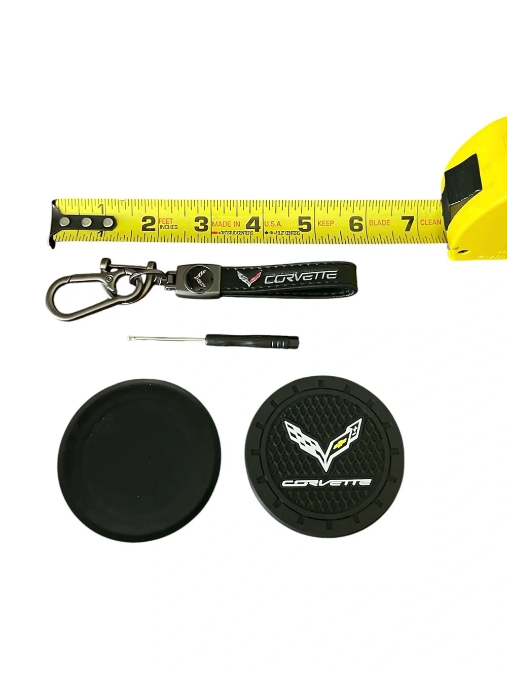Corvette Black Keychain & Car Coaster (2 pc) Accessories Set